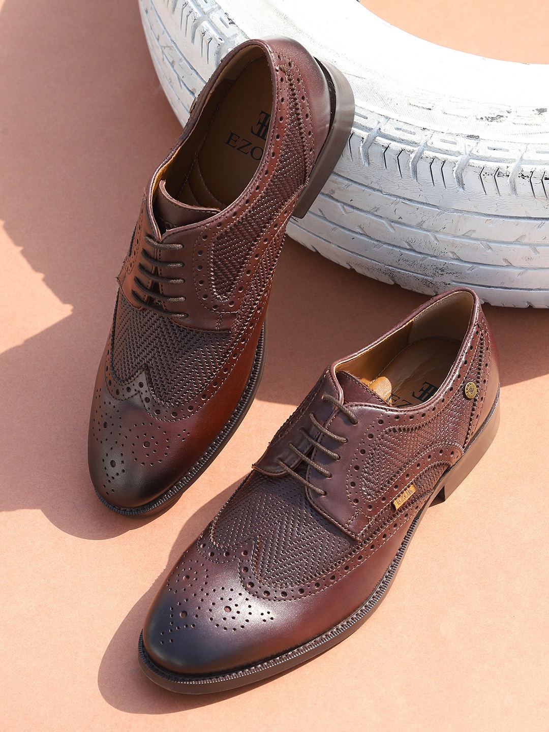 

EZOK Men Brown Solid Leather Formal Brogues