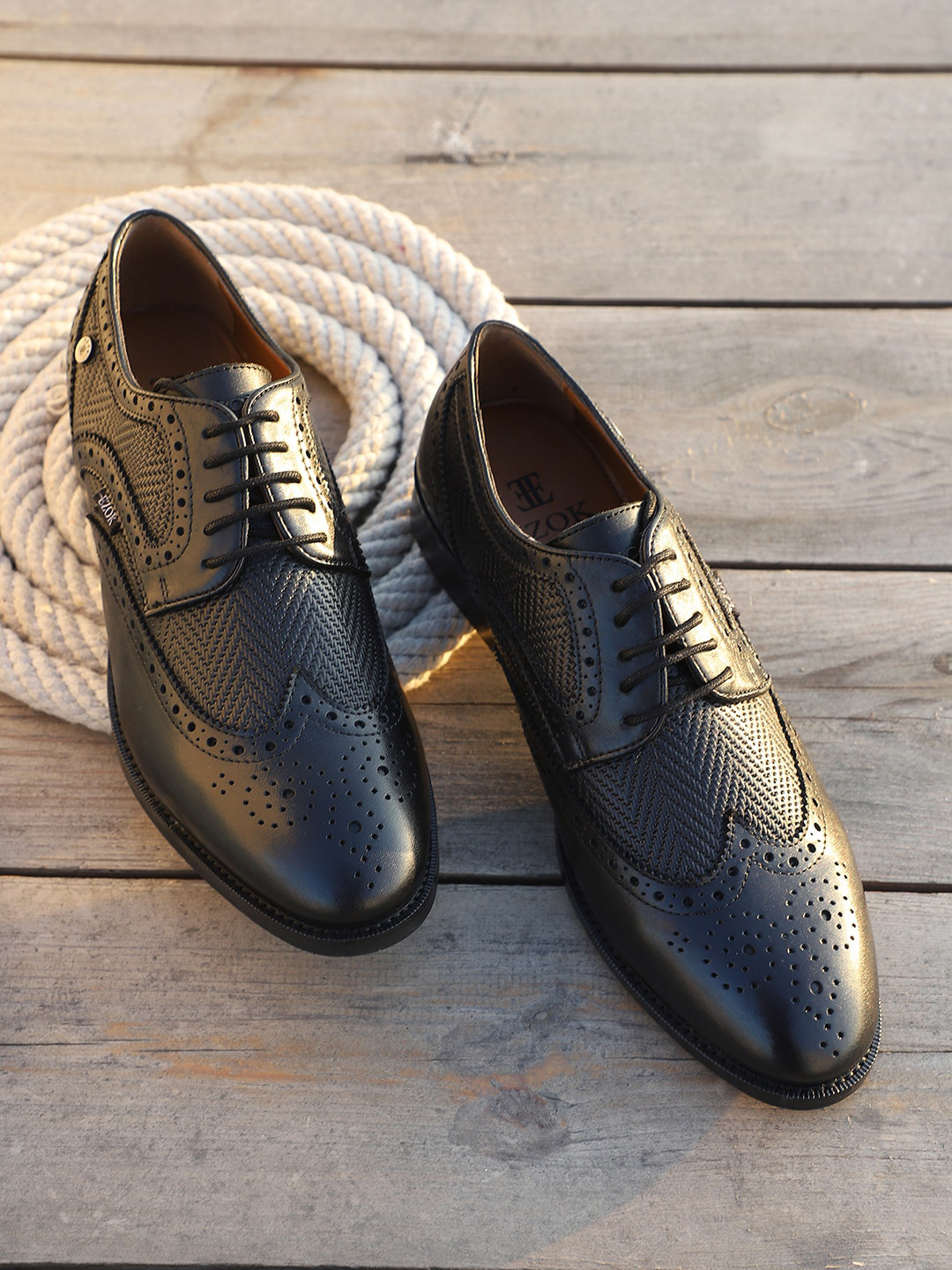 

EZOK Men Black Solid Leather Formal Brouges