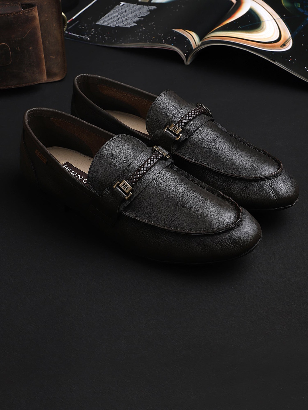 

EZOK Men Brown Solid Leather Formal Loafers
