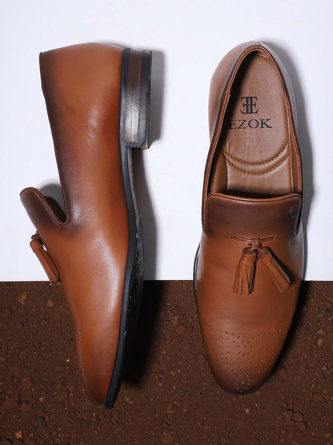 

EZOK Men Tan Brown Solid Leather Formal Slip-Ons