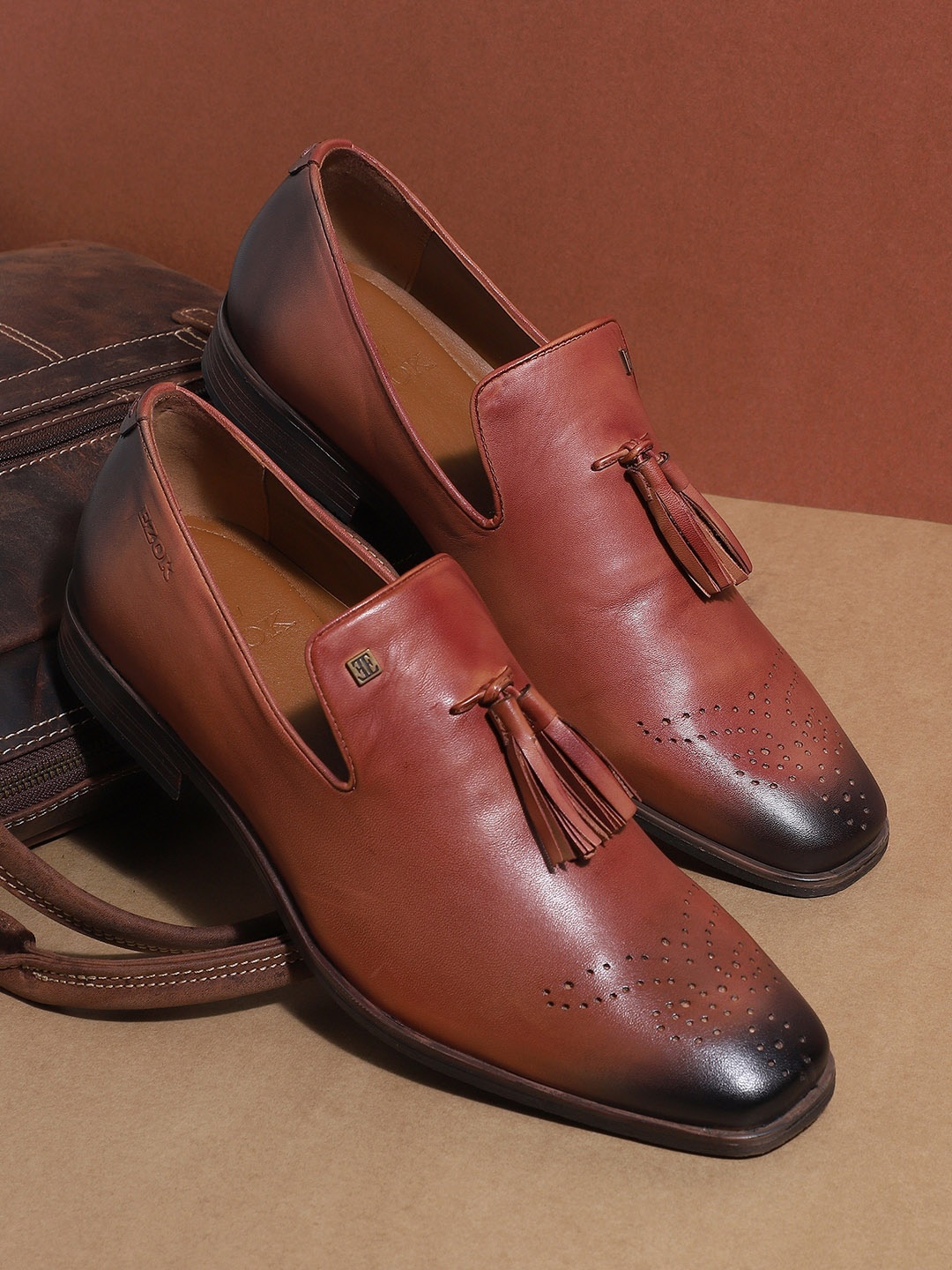 

EZOK Men Red Solid Leather Formal Slip-Ons