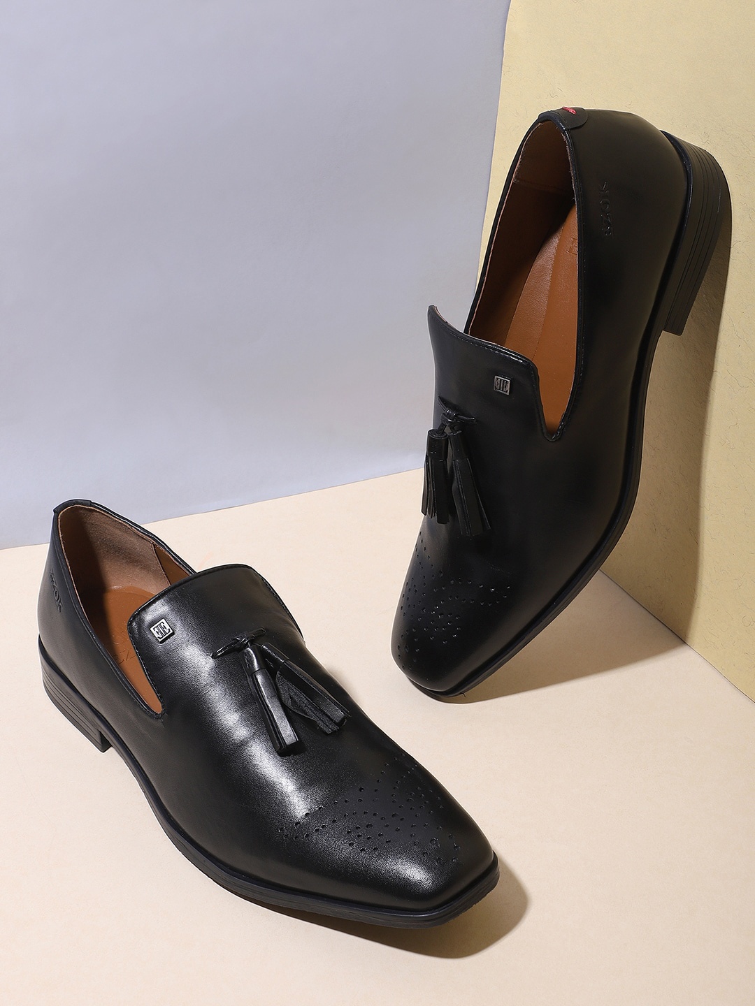 

EZOK Men Black Solid Leather Formal Slip-Ons