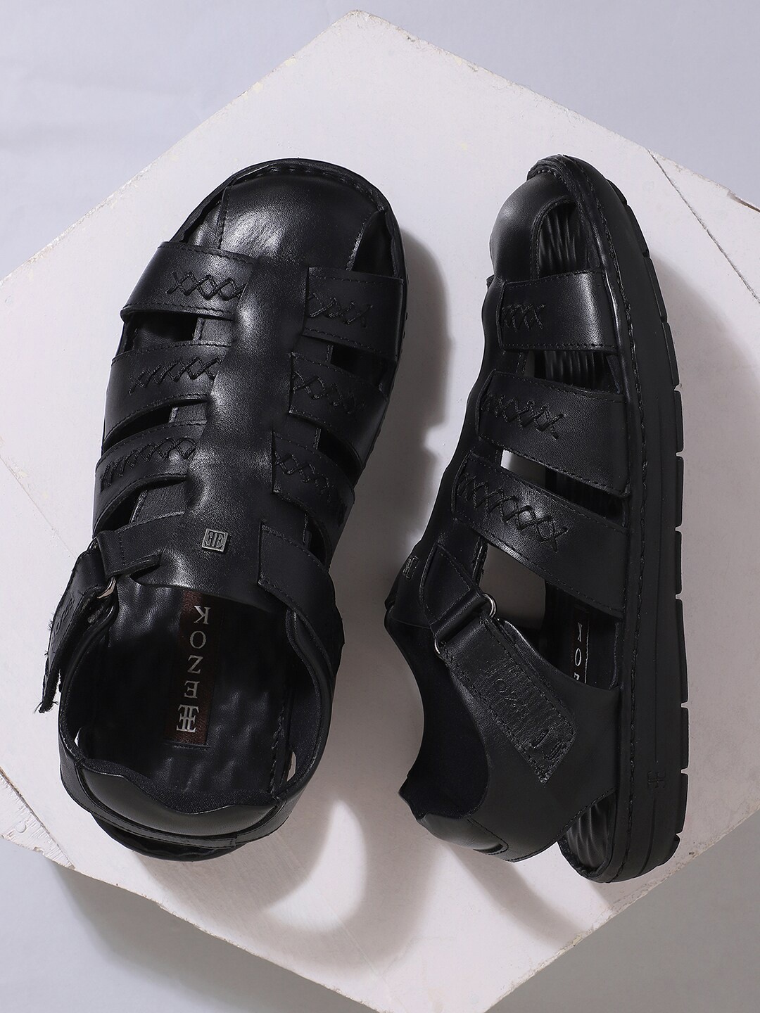 

EZOK Men Black Leather Fisherman Sandals