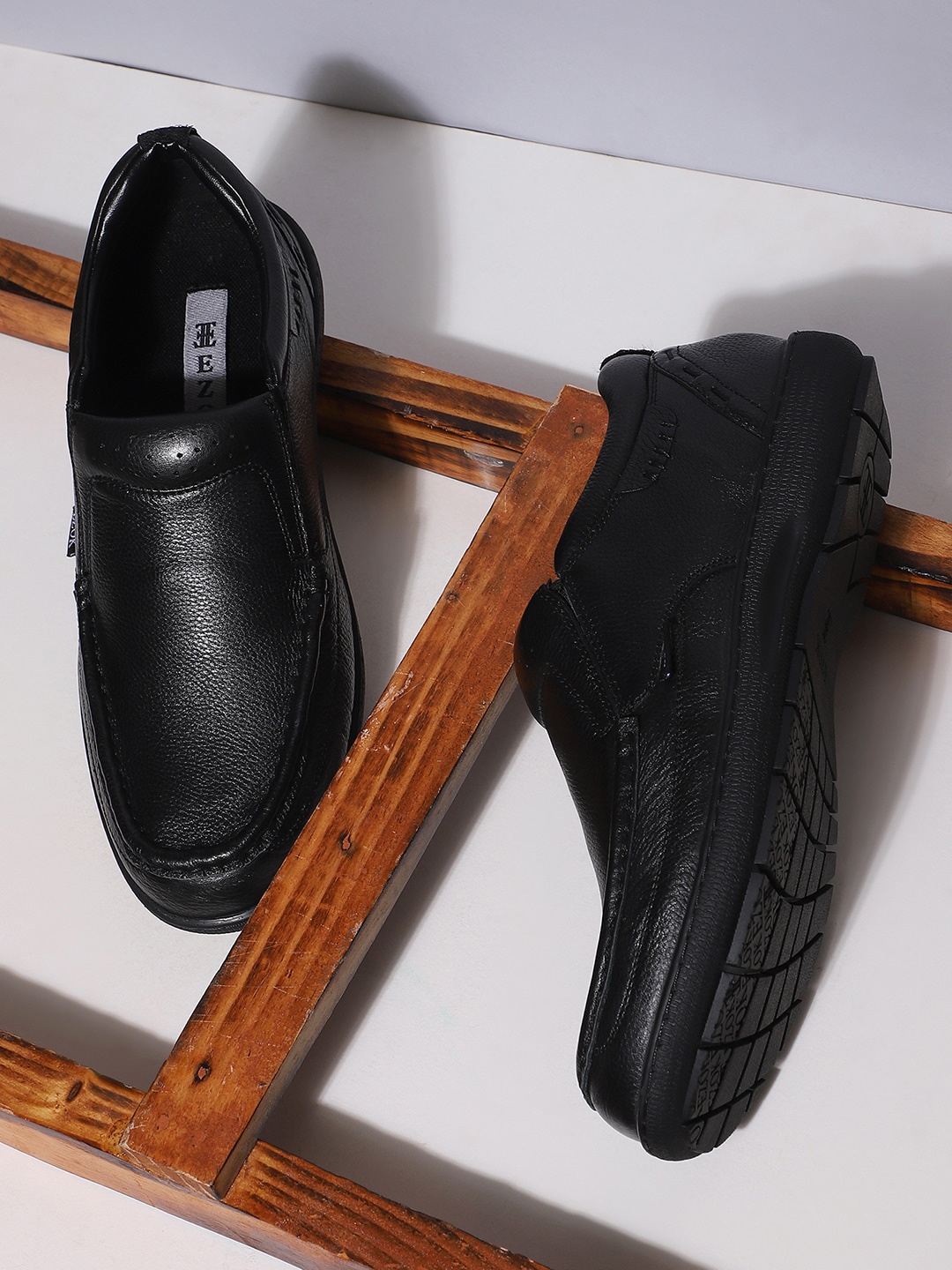 

EZOK Men Black Solid Leather Formal Slip-Ons