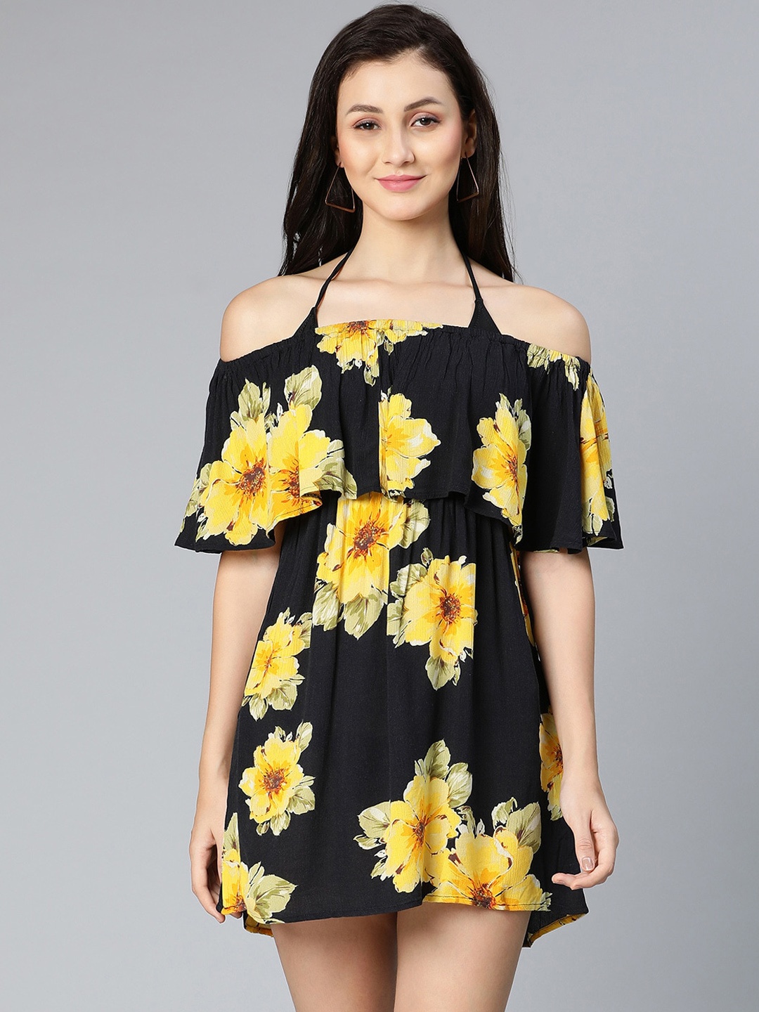 

Oxolloxo Women Black Printed off -shoulder Swimwear Dress