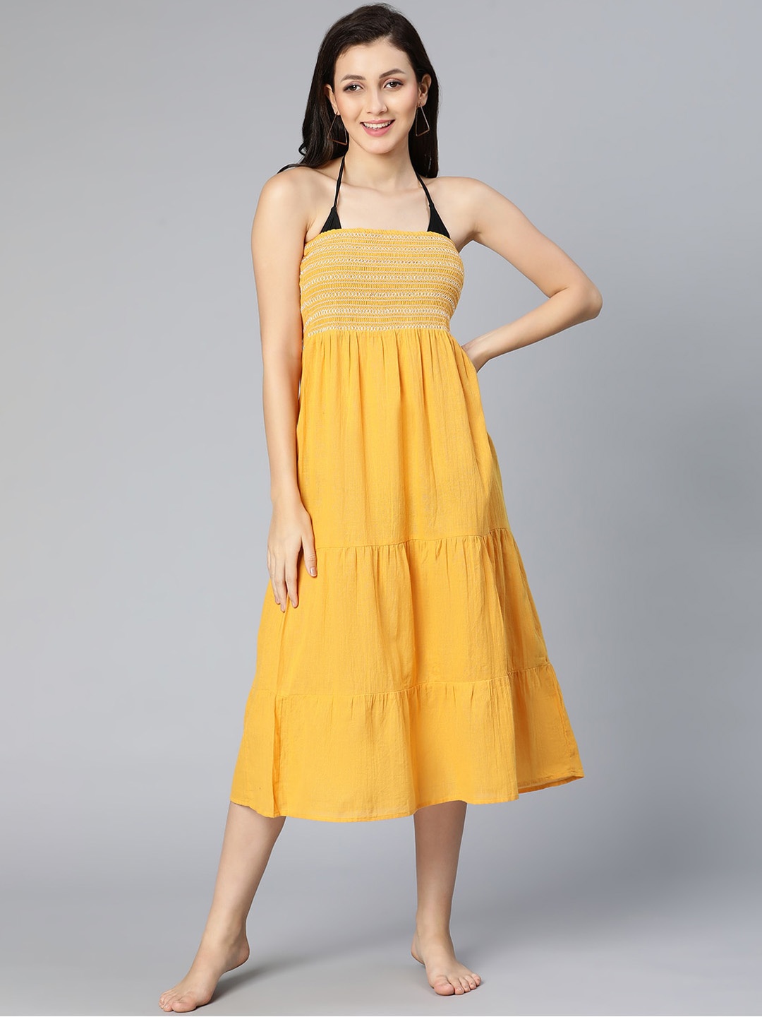 

Oxolloxo Women Mustard Solid Off -Shoulder Swim Cover Up Dress