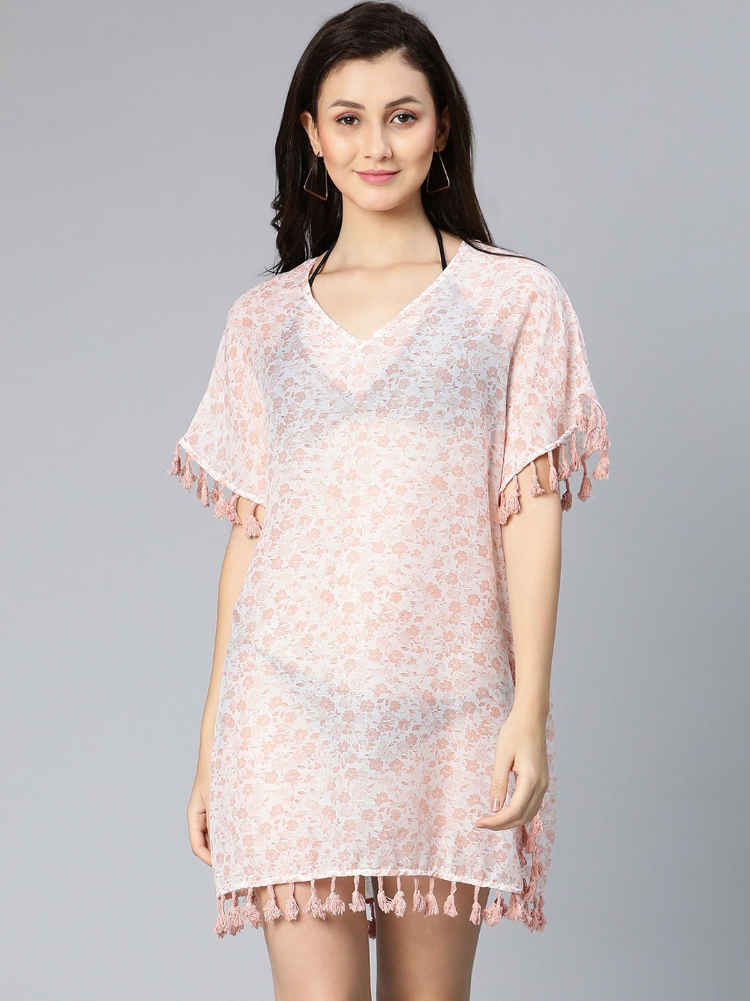 

Oxolloxo Women Peach Floral Printed Swim Cover Up Dress