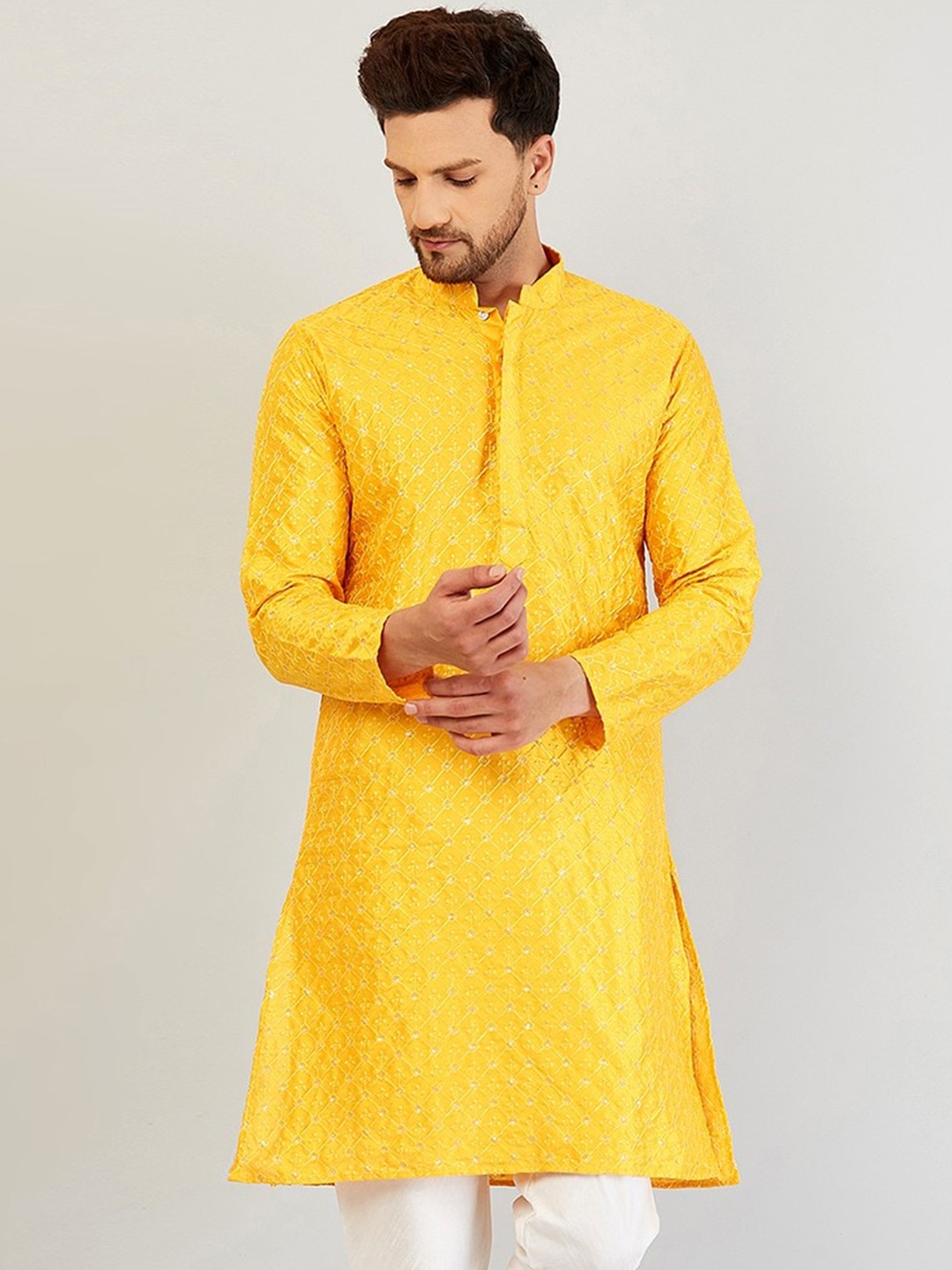 

Armaan Ethnic Men Yellow Floral Embroidered Pure Silk Kurta