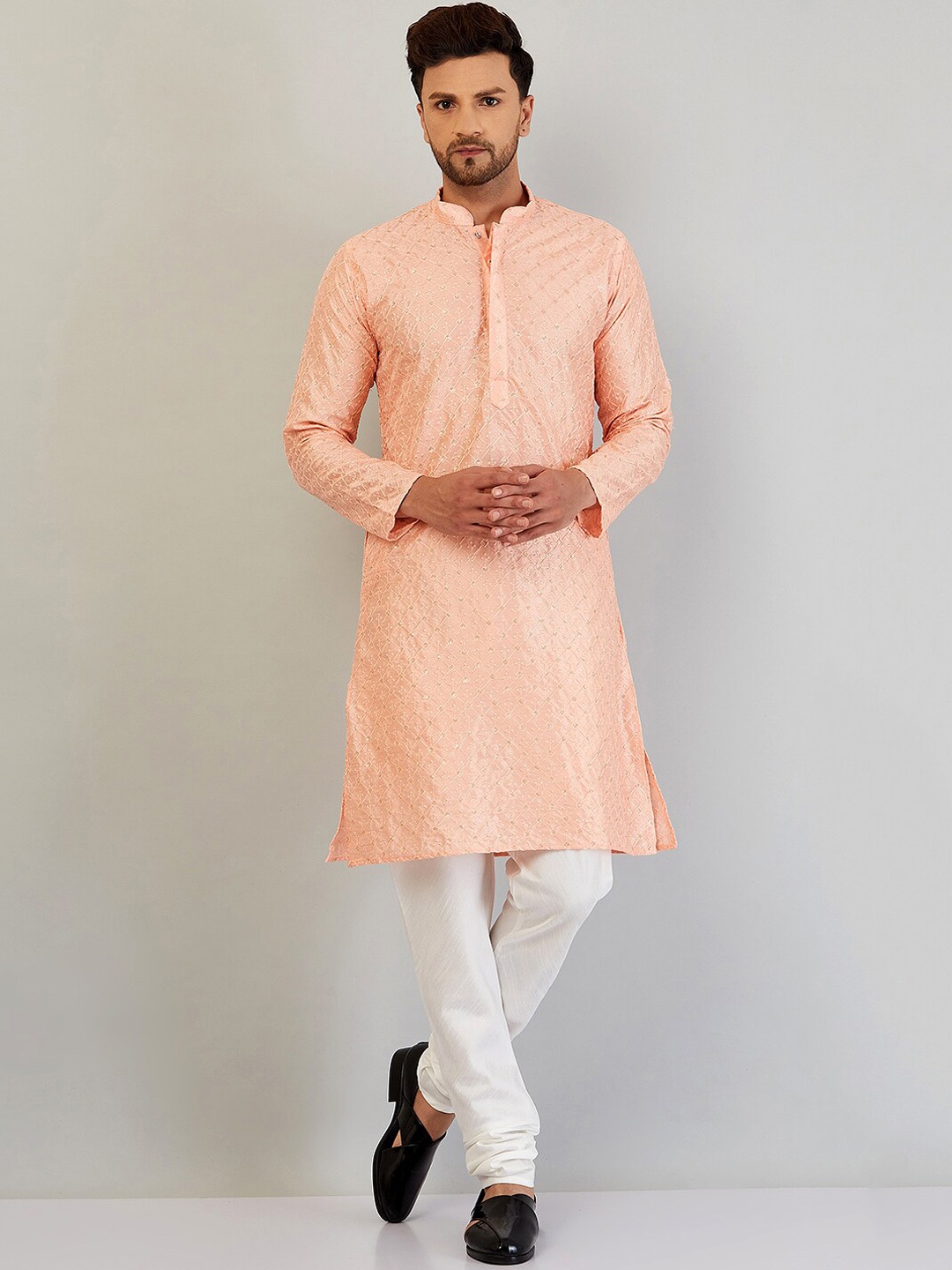

Armaan Ethnic Men Pink Embroidered Silk Straight Kurta