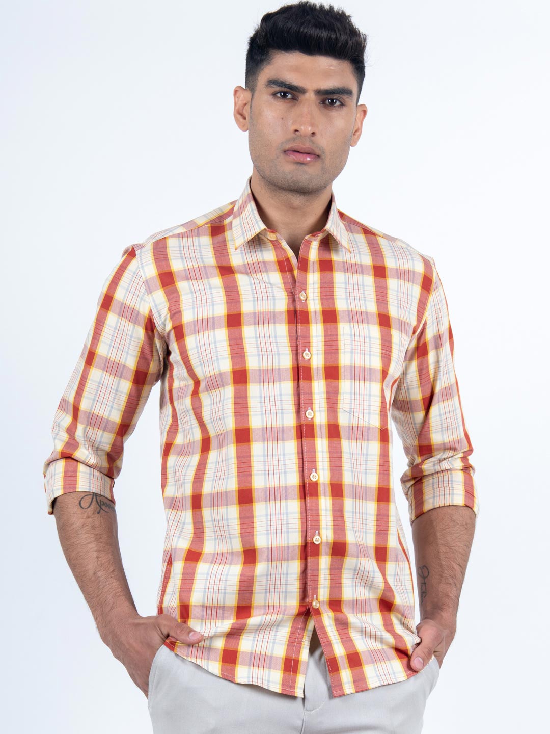 

Tistabene Men Orange Comfort Tartan Checked Cotton Casual Shirt