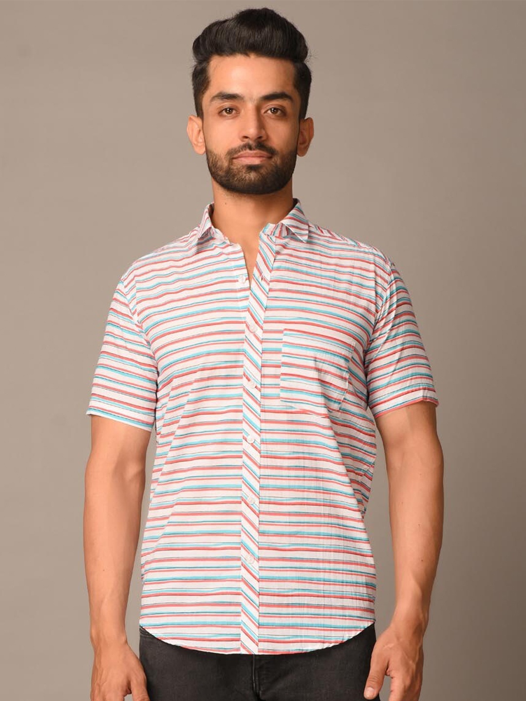 

Tistabene Men Pink & Blue Comfort Horizontal Stripes Striped Casual Shirt