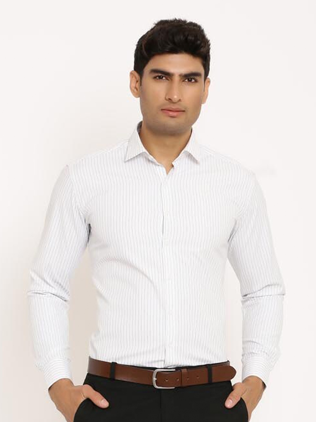 

Tistabene Men White and Aqua Blue Stripes Cotton Formal Shirt