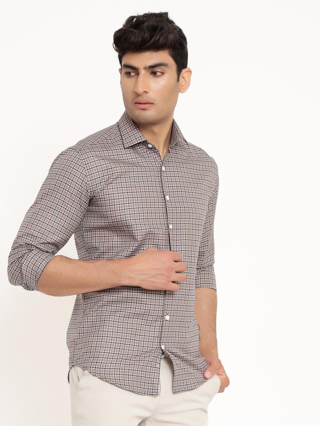 

Tistabene Men Beige Comfort Micro Checked Casual Shirt