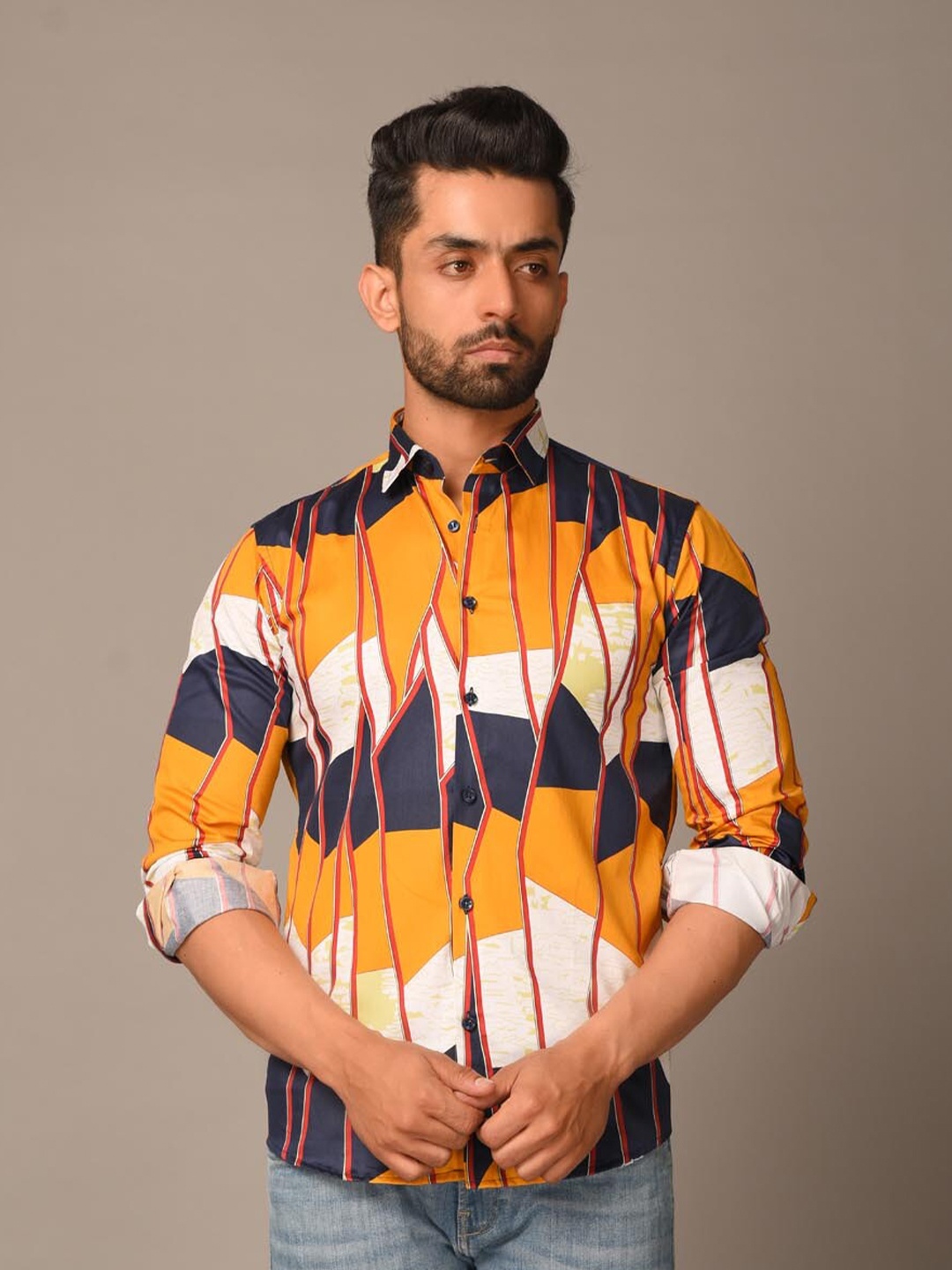 

Tistabene Men Orange Comfort Printed Casual Cotton Shirt