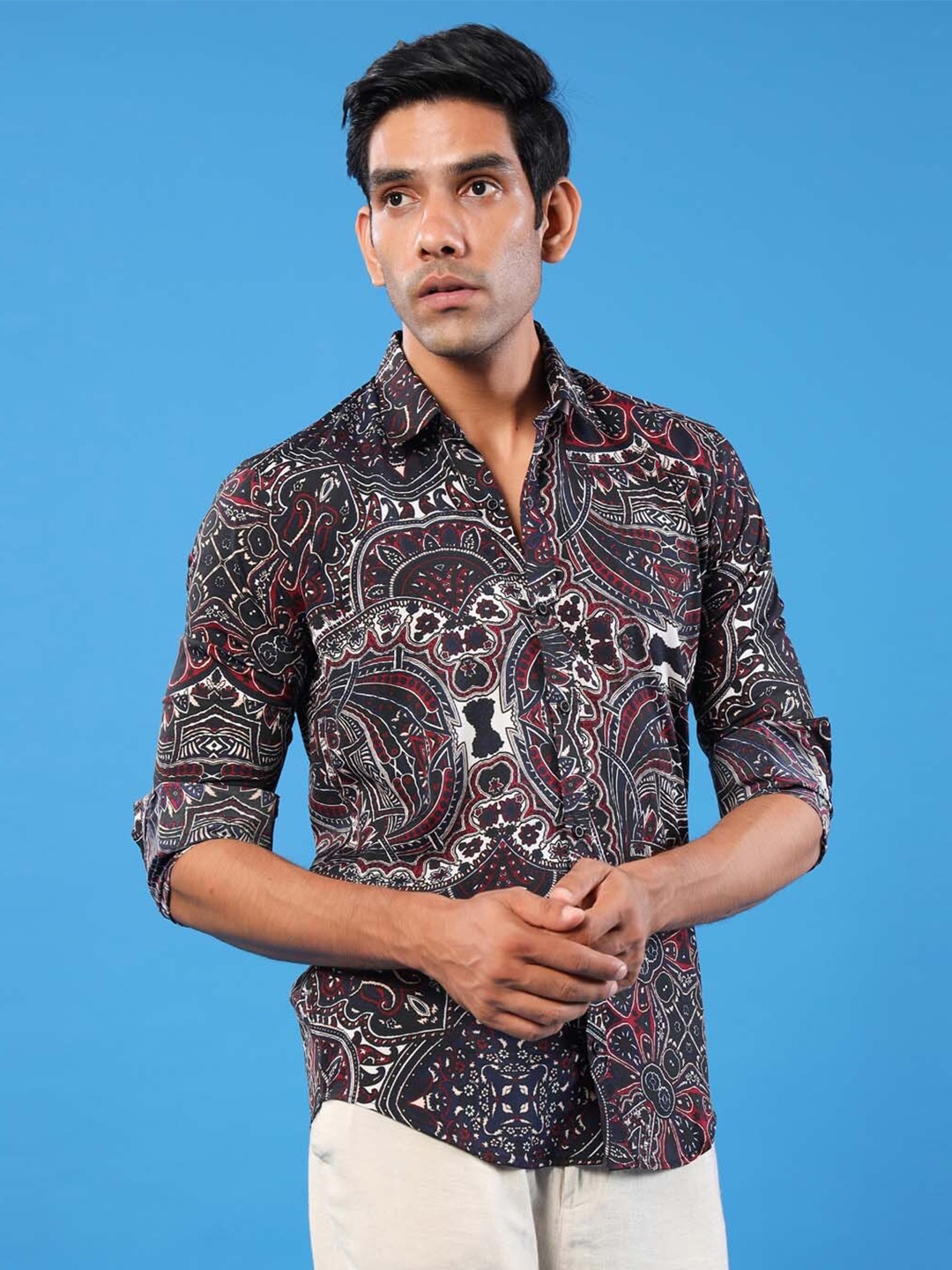 

Tistabene Men Black Comfort Tribal Printed Casual Crepe Shirt