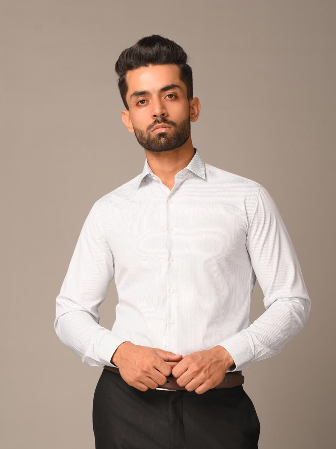 

Tistabene Men Grey and White Comfort Pinstripes Striped Formal Cotton Shirt