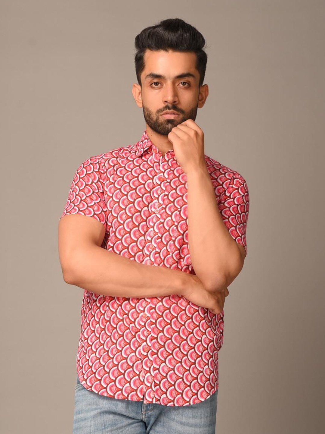

Tistabene Men Pink Comfort Printed Casual Cotton Half Shirt