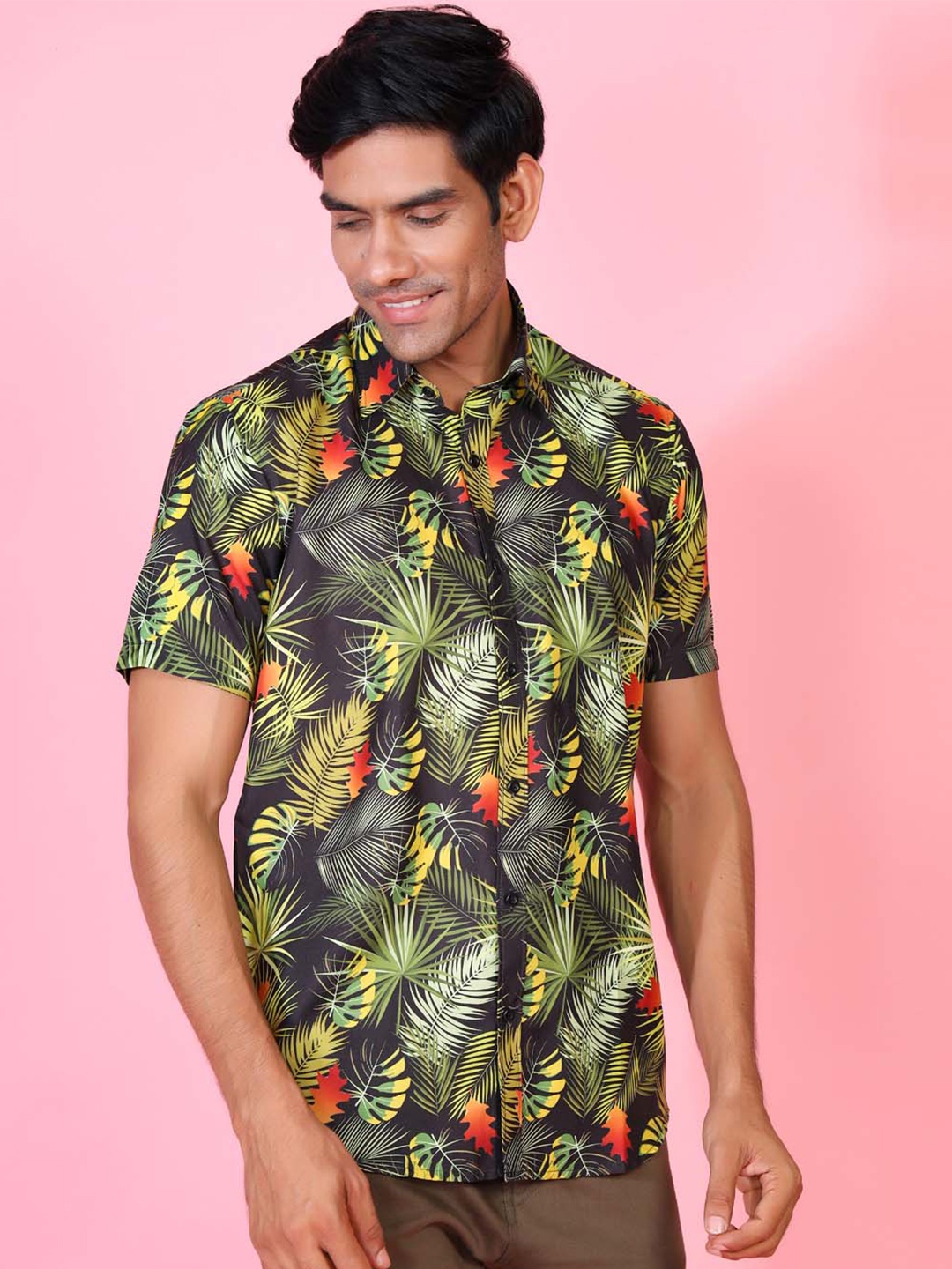 

Tistabene Men Black Comfort Tropical Printed Casual Cotton Shirt