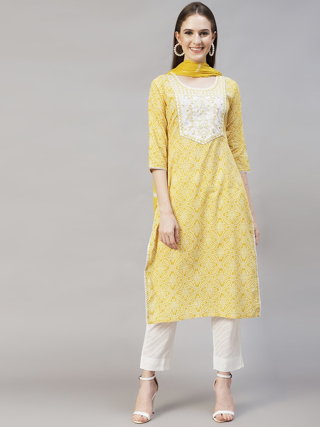 

FASHOR Women Floral Printed Mirror Work Pure Cotton Kurta with Trousers With Dupatta, Yellow