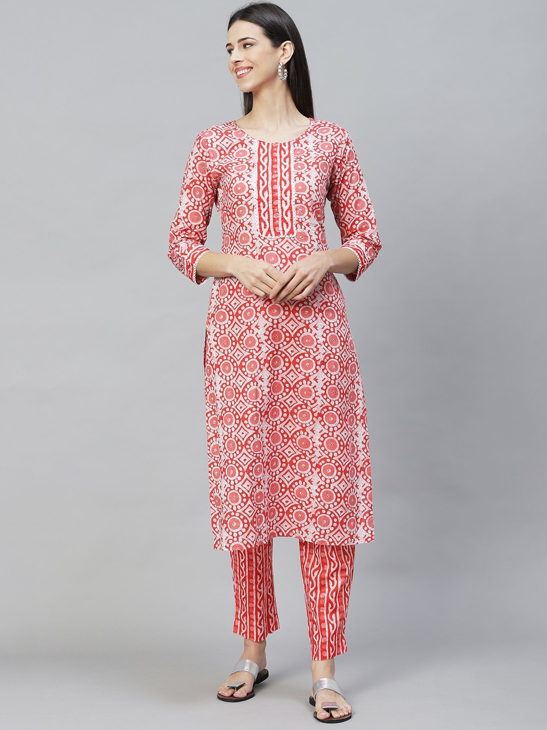 

FASHOR Women Red Ethnic Motifs Printed Pure Cotton Kurta with Trousers