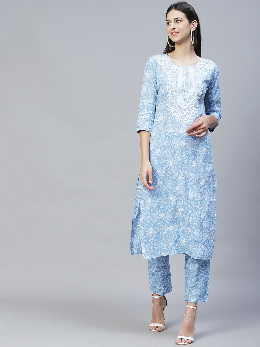 

FASHOR Women Blue Ethnic Motifs Printed Pure Cotton Kurta with Trousers