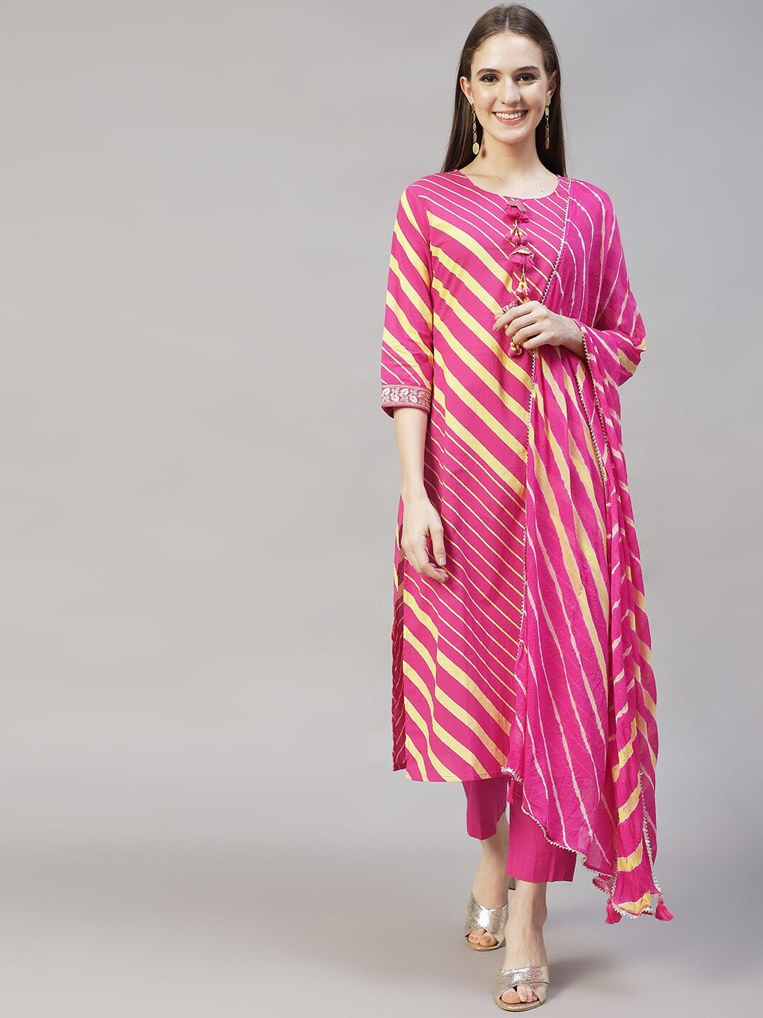 

FASHOR Women Pink Printed Pure Cotton Kurta with Trousers