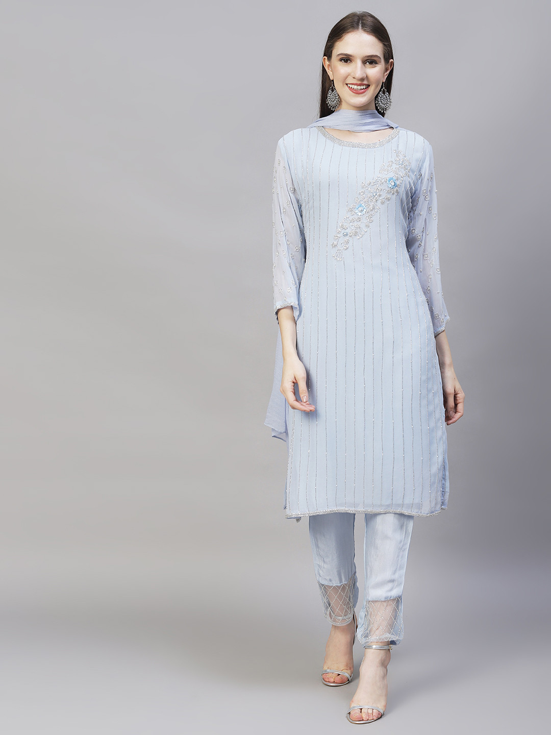 

FASHOR Women Blue Embroidered Beads and Stones Kurta with Trouser & With Dupatta