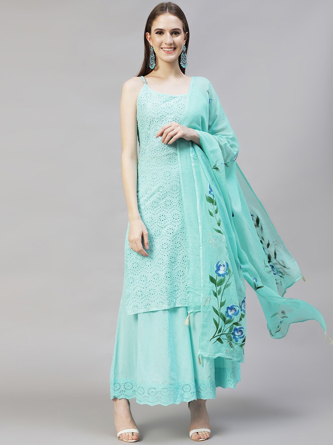 

FASHOR Women Blue Schiffli Embroidered Pure Cotton Kurta with Palazzos & Dupatta