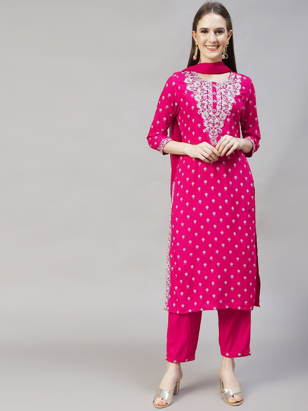 

FASHOR Women Pink Floral Printed & Yoke Thread Work Kurta with Trousers & Dupatta