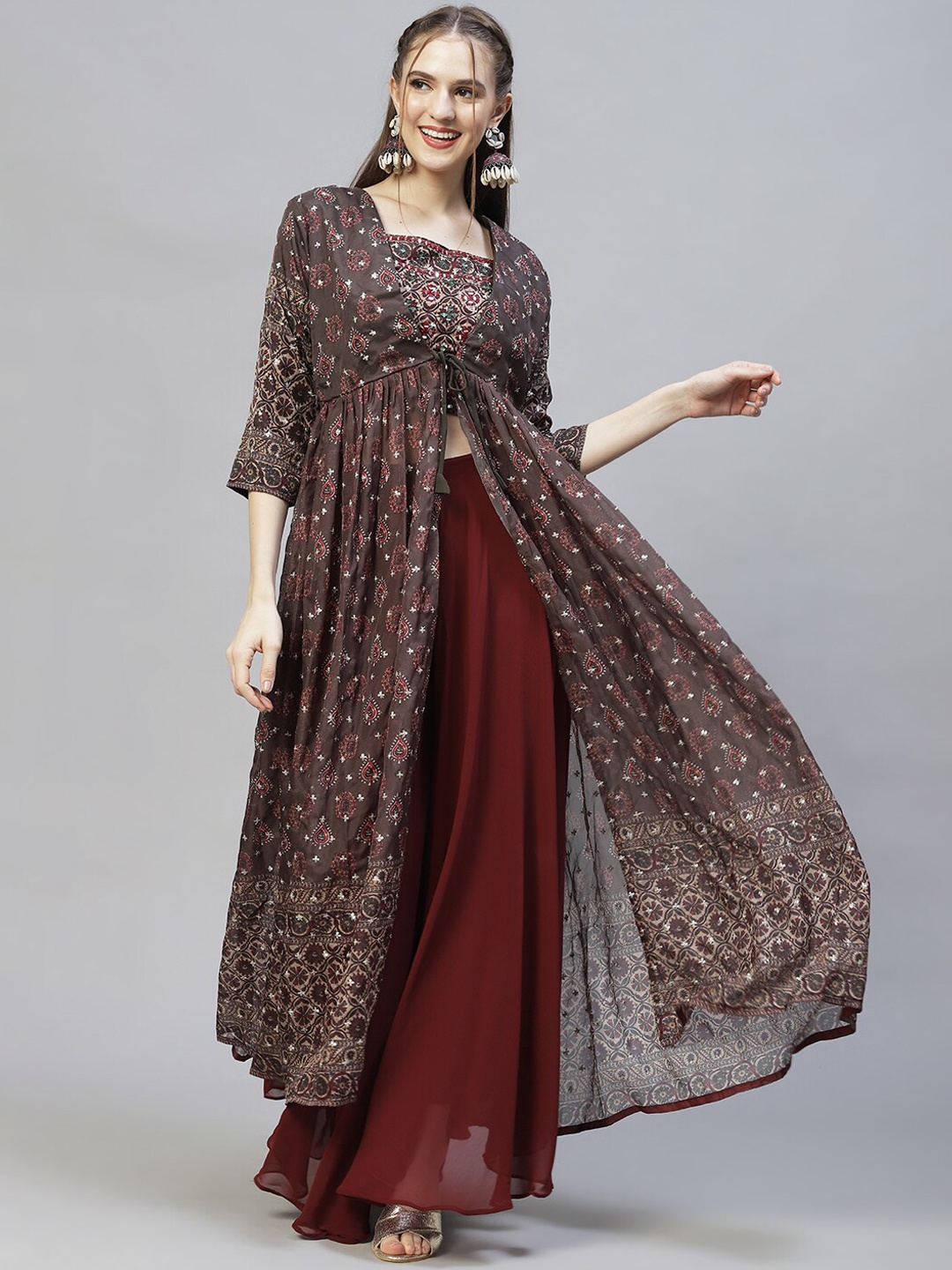 

FASHOR Women Brown Floral Printed High Slit Thread Work Kurta with Palazzos