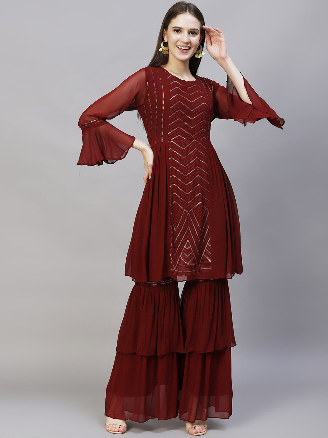 

FASHOR Women Burgundy Printed Pleated Kurti with Sharara