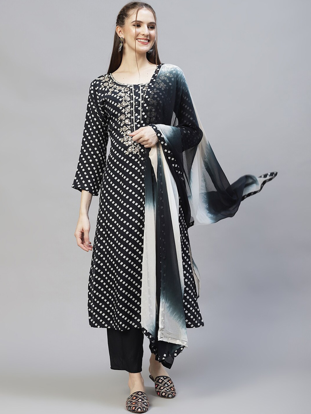 

FASHOR Women Black Printed Yoke Beads and Stones Kurta with Trousers & Dupatta