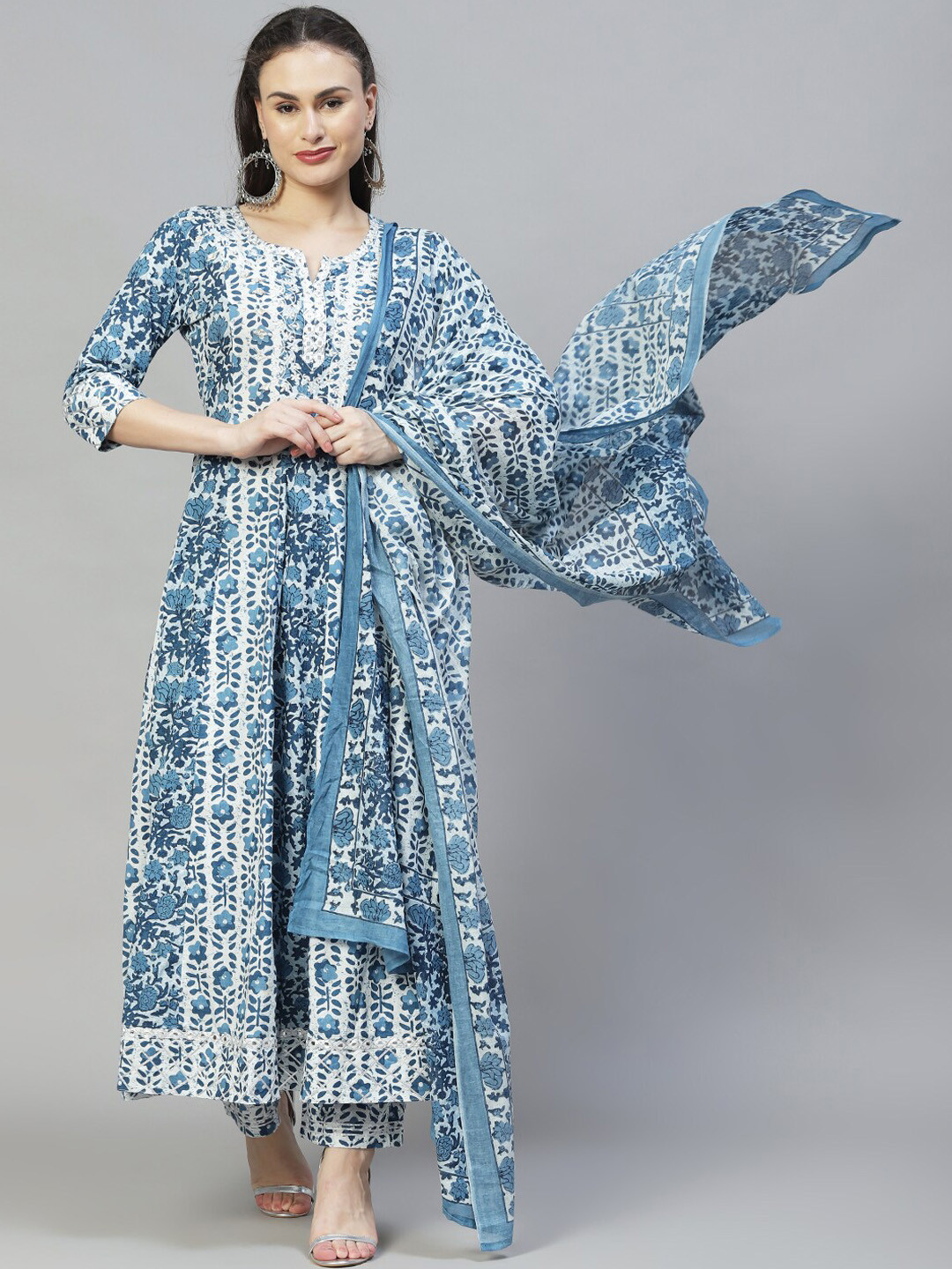 

FASHOR Women Blue Floral Printed Mirror Work Pure Cotton Kurta with Trousers & Dupatta