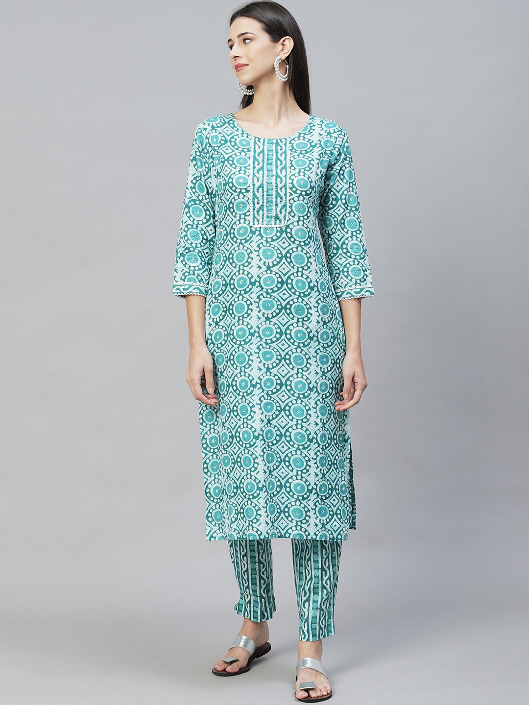 

FASHOR Women Printed Pure Cotton Straight Kurta with Trousers, Sea green
