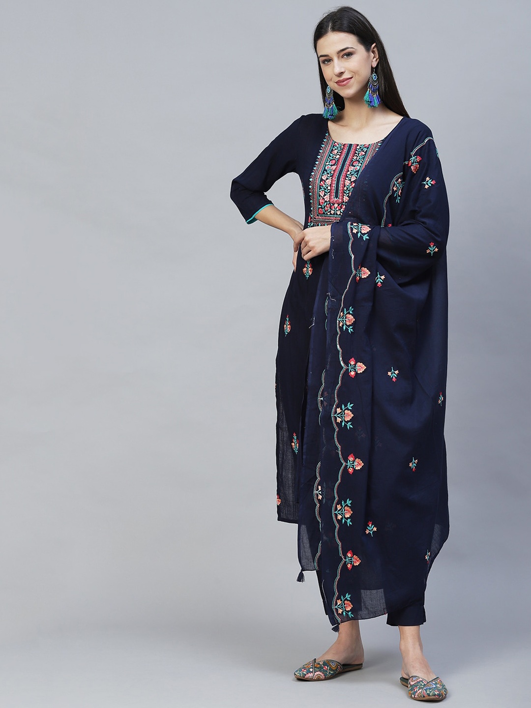 

FASHOR Women Navy Blue Ethnic Motifs Embroidered Panelled Pure Cotton Kurti with Skirt & With Dupatta