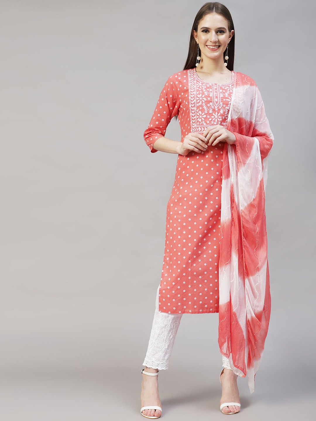 

FASHOR Women Chikankari Embroidered Yoke Design Pure Cotton Kurta With Trouser And Dupatta, Peach