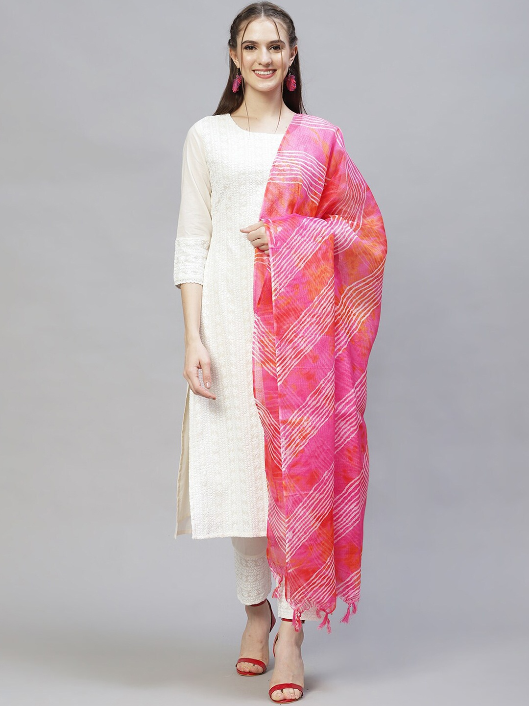 

FASHOR Women Off White Embroidered Pure Cotton Kurta with Trouser With Dupatta