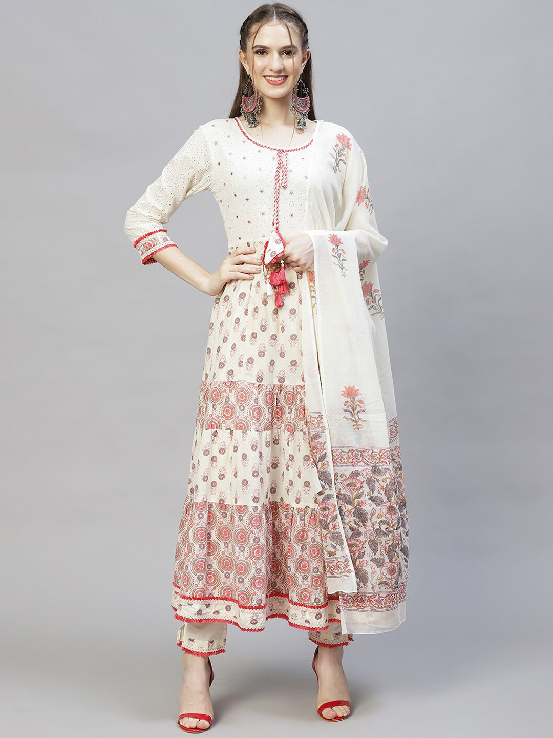

FASHOR Women Off White Printed Mirror Work Pure Cotton Kurta and Trouser With Dupatta