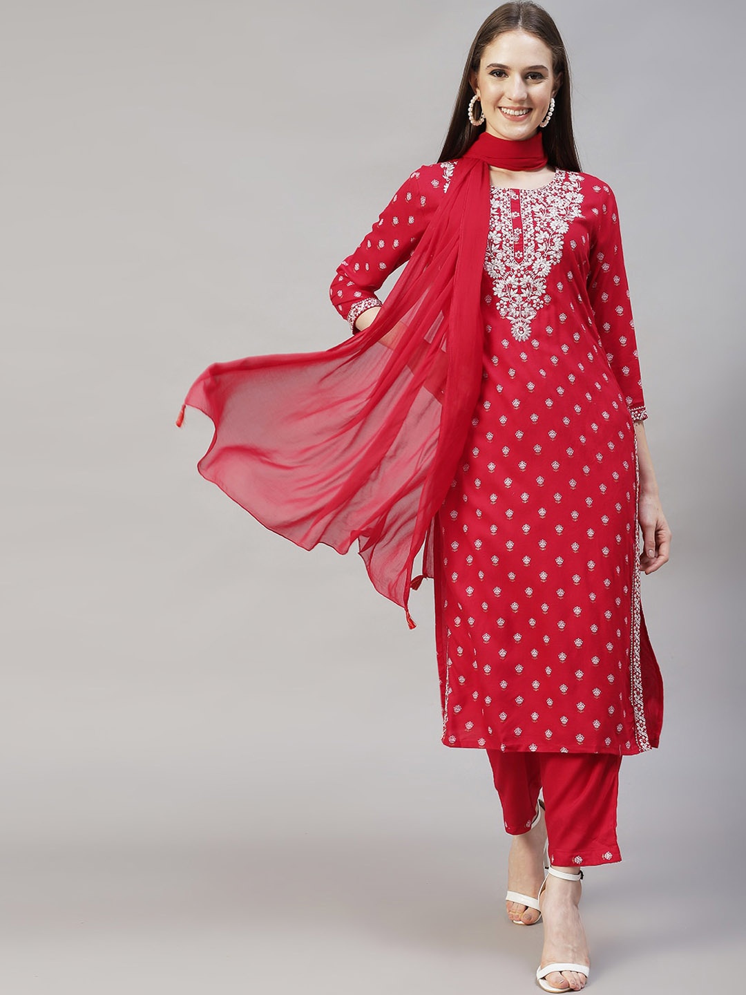 

FASHOR Women Red Ethnic Motifs Embroidered Kurta with Trousers & With Dupatta