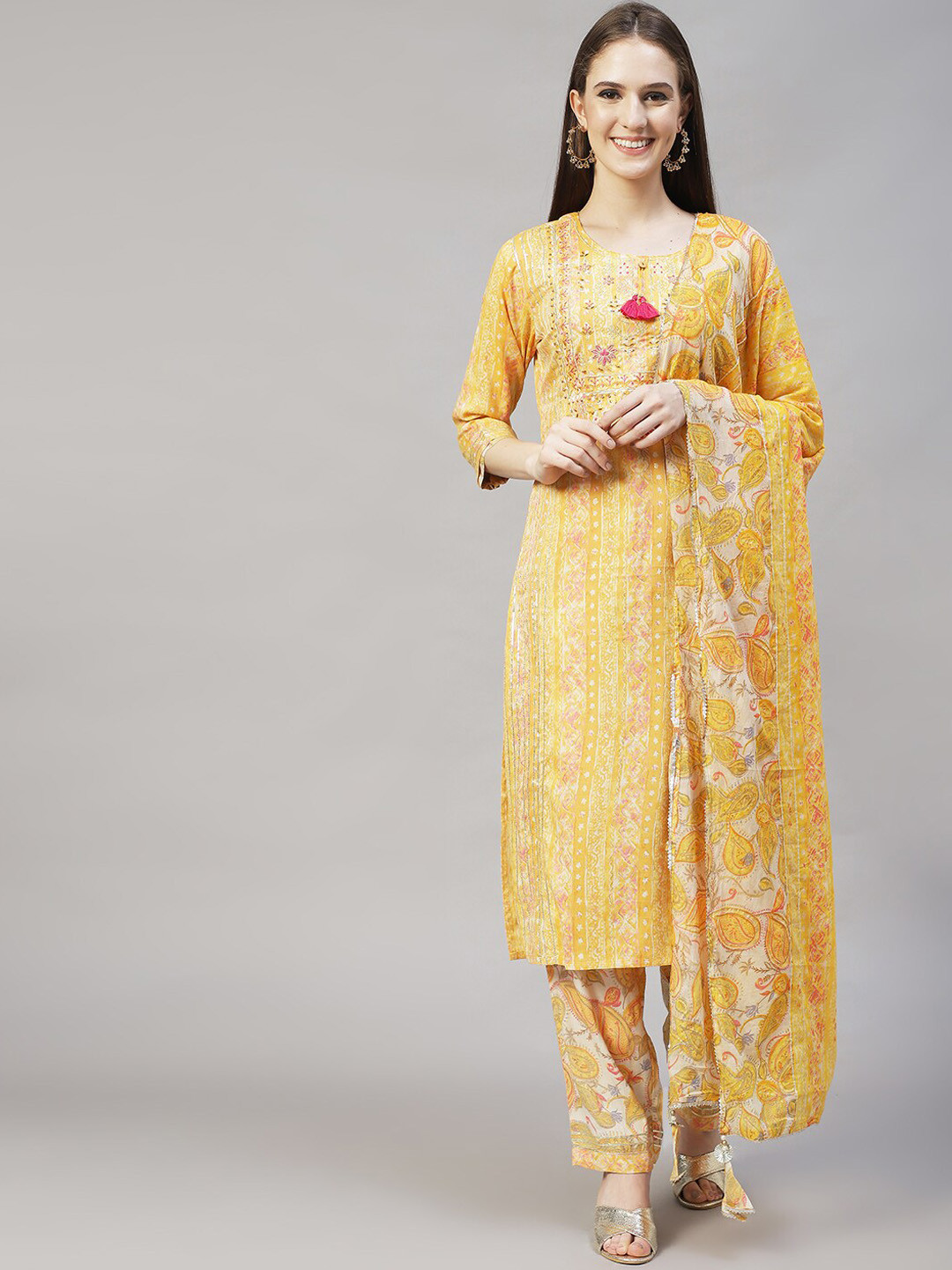 

FASHOR Women Yellow Ethnic Motifs Printed Sequinned Kurta and Trouser With Dupatta