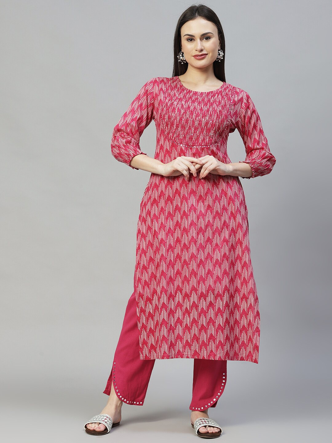 

FASHOR Women Embroidered Pure Cotton Straight Kurta with Trousers, Magenta
