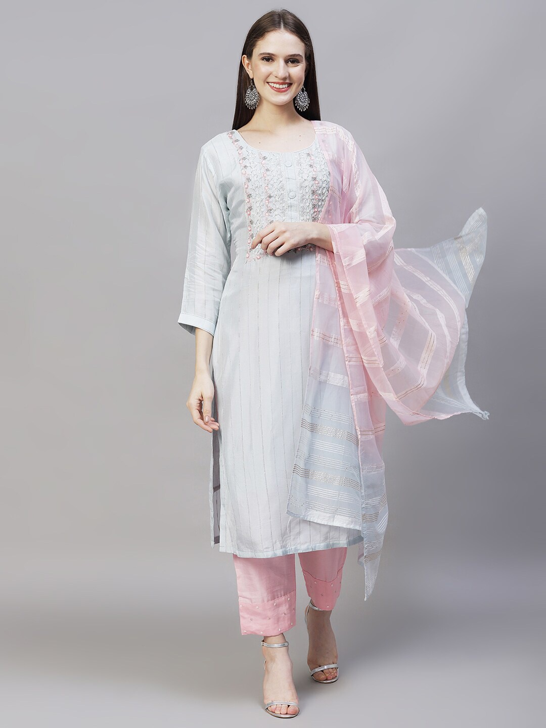 

FASHOR Women Blue Embroidered Chanderi Cotton Kurta and Trouser With Dupatta