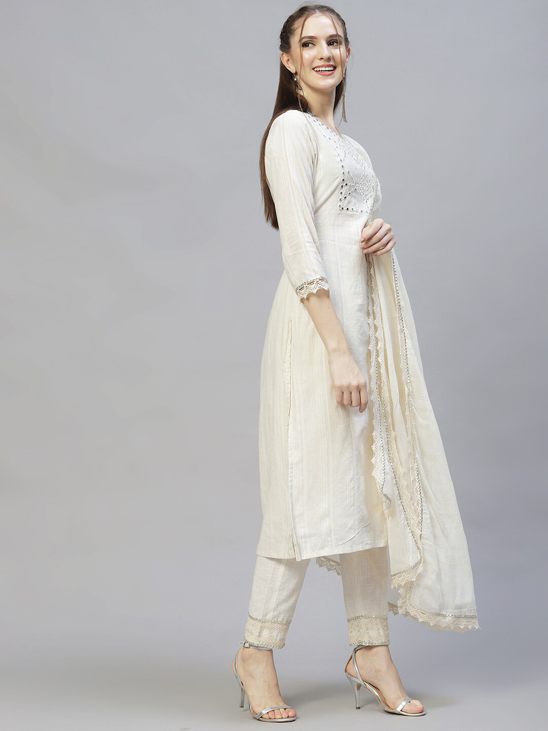 

FASHOR Women Off White Embroidered Mirror Work Pure Cotton Kurta and Trouser with Dupatta