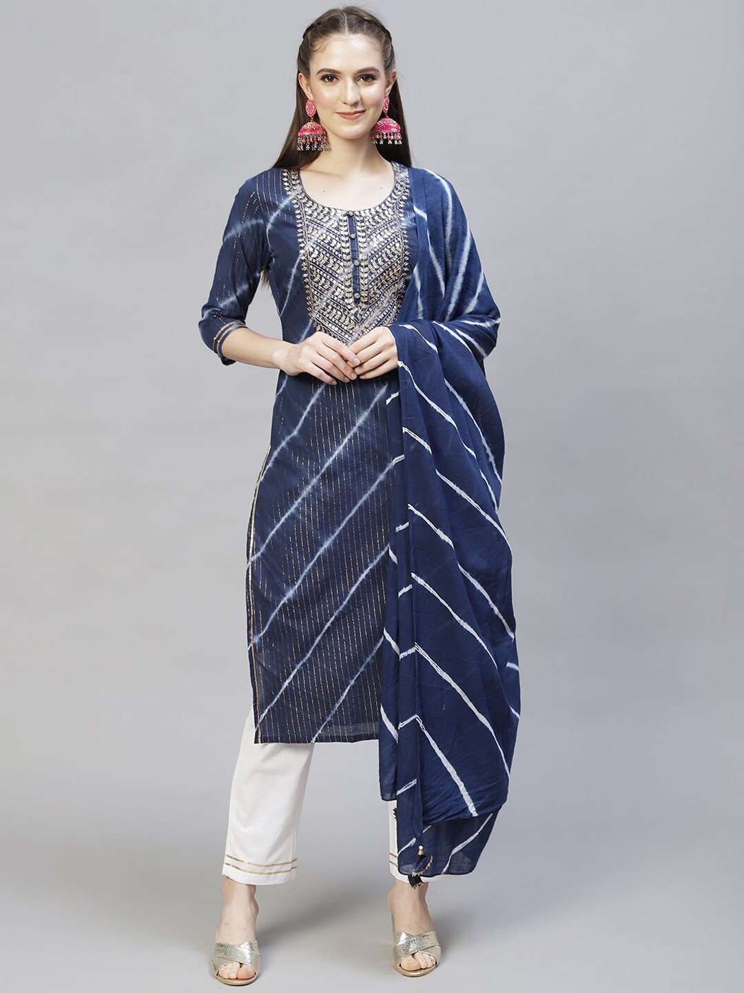 

FASHOR Women Blue Striped Gotta Patti Kurta and Trousers & With Dupatta