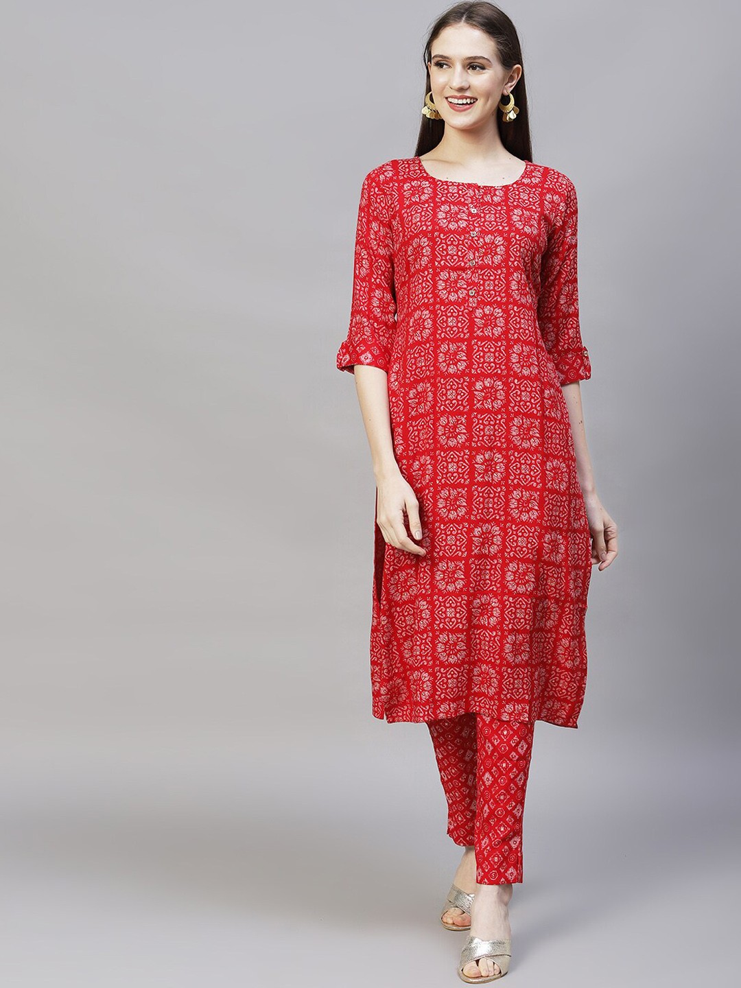 

FASHOR Women Red Printed Kurta with Trousers