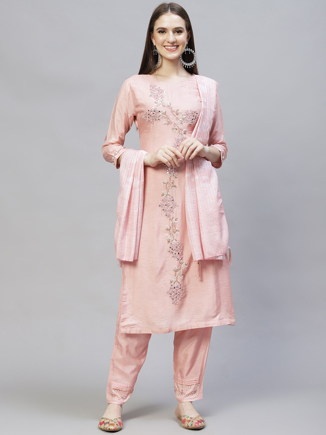 

FASHOR Women Pink Mirror Work Kurta with Trousers With Dupatta