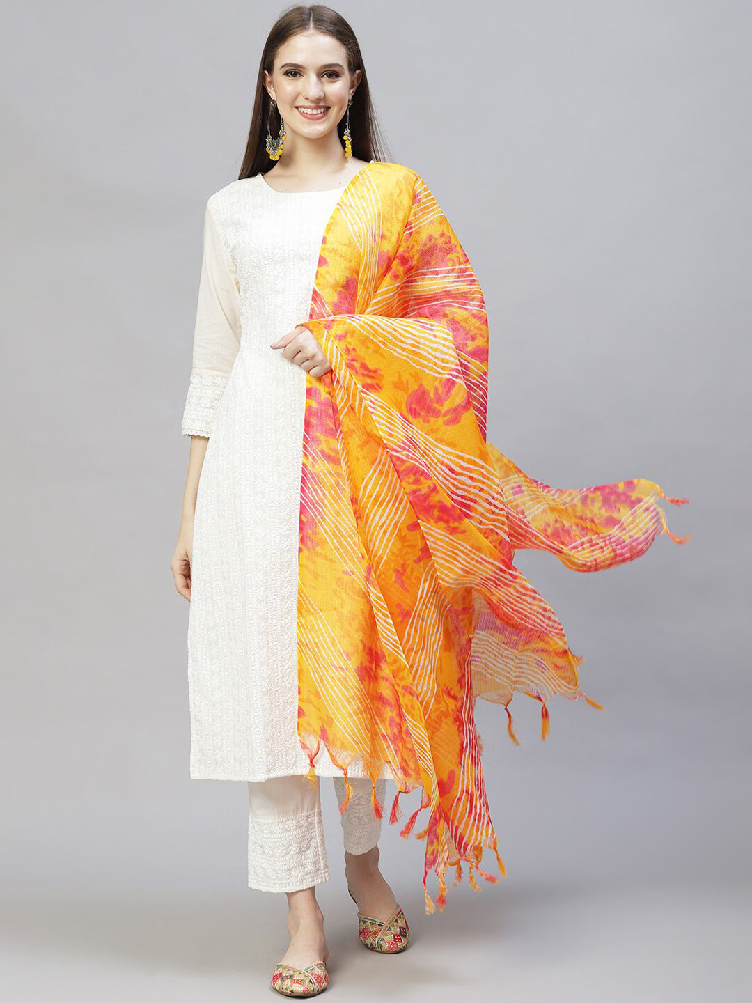 

FASHOR Women Off White Embroidered Pure Cotton Kurta and Trousers & With Dupatta