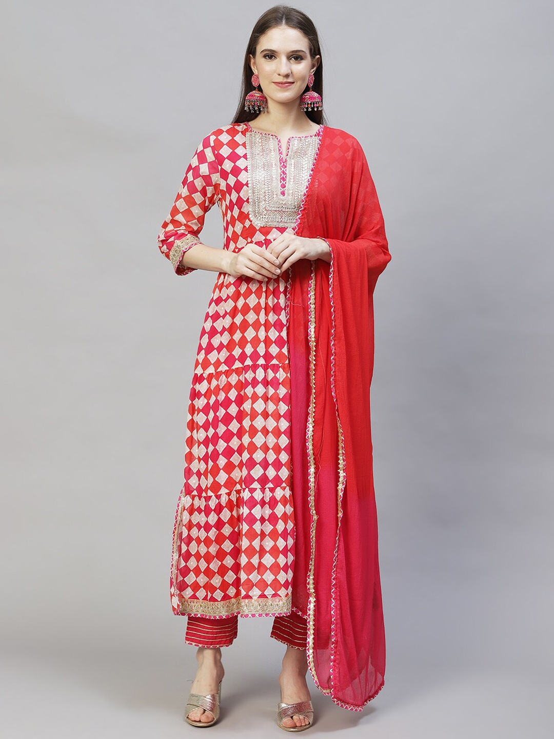 

FASHOR Women Embroidered Panelled Sequinned Kurta with Trousers & With Dupatta, Red