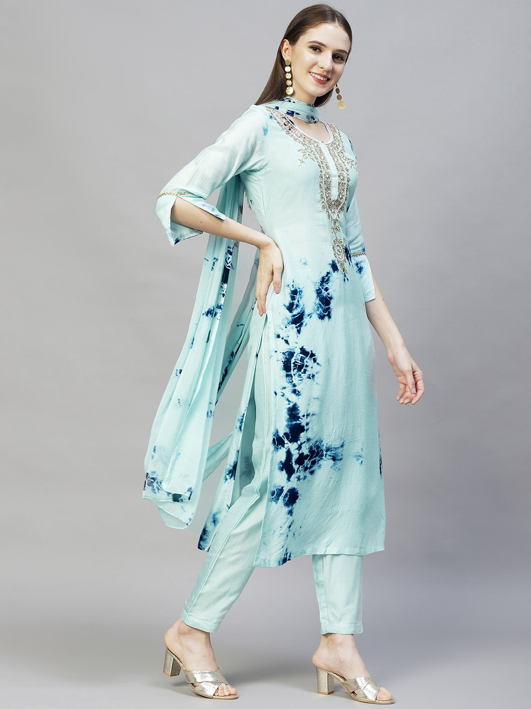 

FASHOR Women Blue Embroidered Gotta Patti Chanderi Silk Kurta and Trousers & With Dupatta