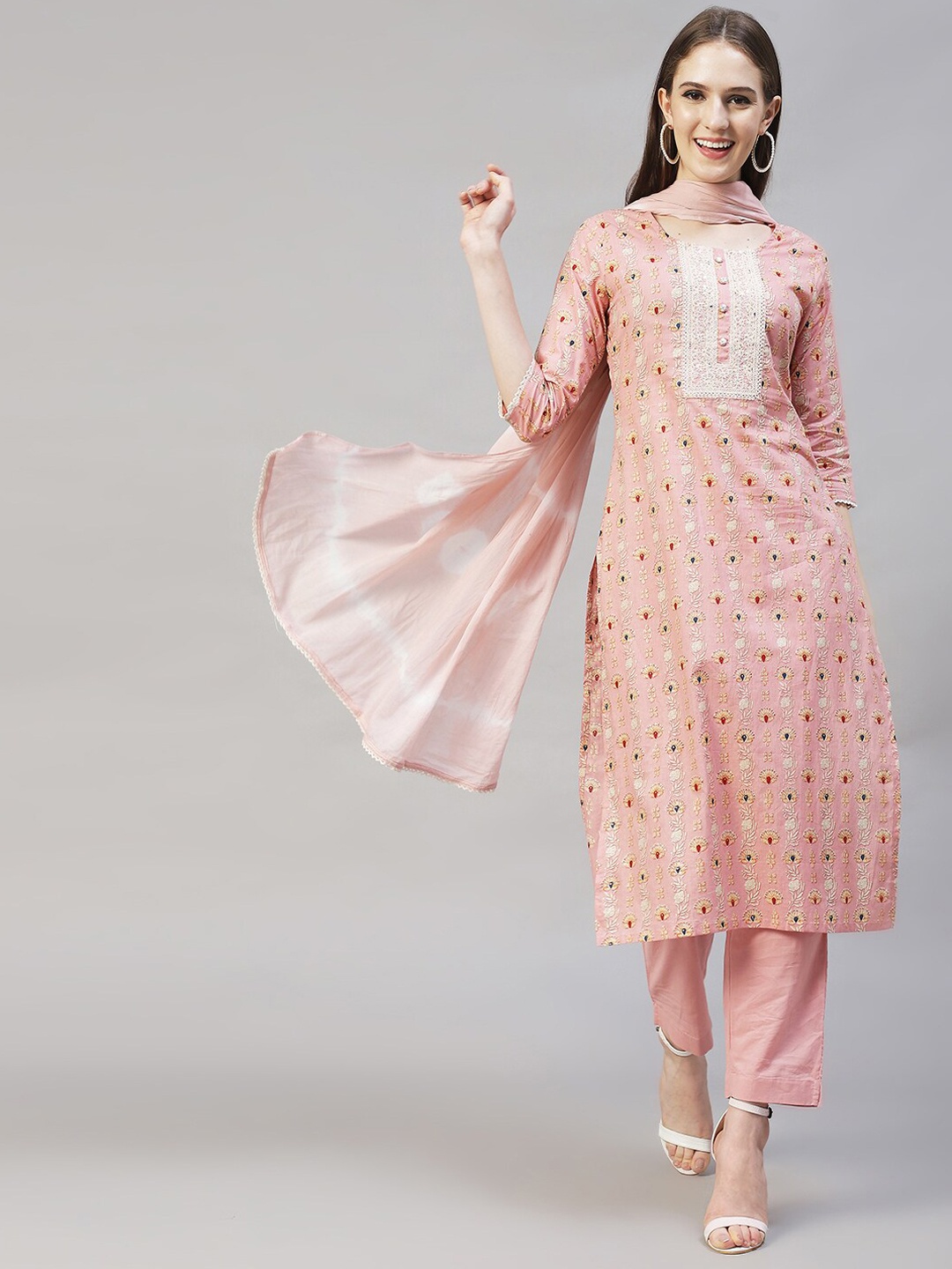 

FASHOR Women Pink Printed Sequinned Pure Cotton Kurta with Trousers & With Dupatta